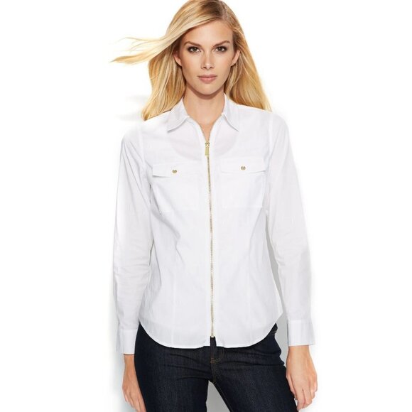MICHAEL Michael Kors Tops - MICHAEL Michael Kors White Blouse with Gold Zipper Long Sleeves Size 1X